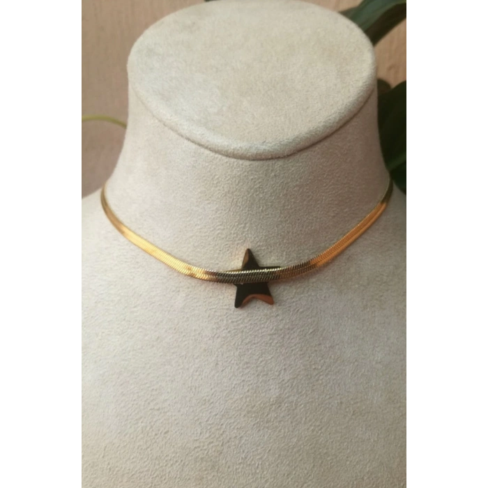 italyan zincirli yildiz tasarim ince gold altin renkli zirkon tasli kaliteli paslanmaz celik kolye stainless stell