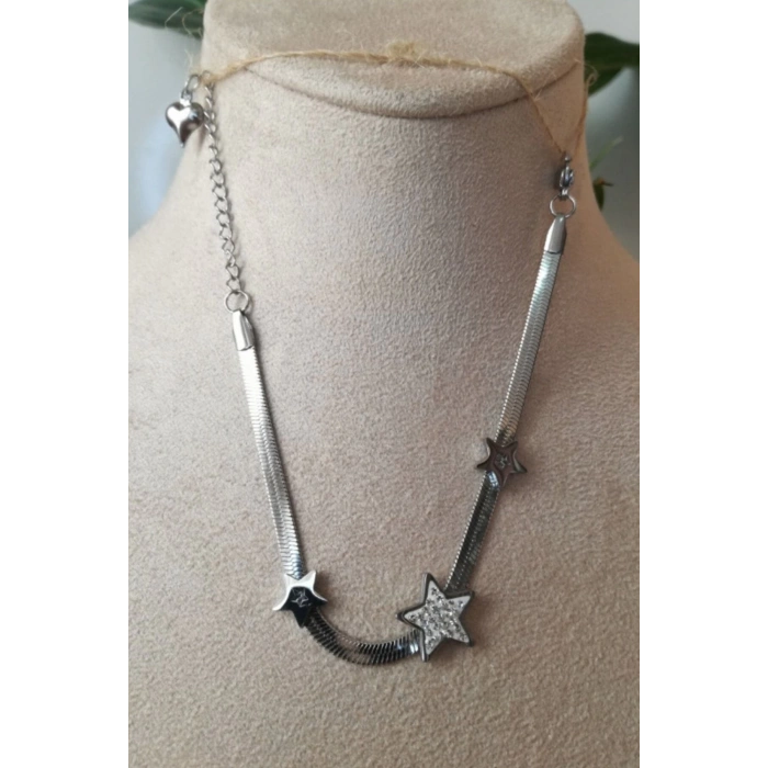 italyan zincirli yildizlar tasarim ince silver gumus renkli zirkon tasli paslanmaz celik bileklik halhal