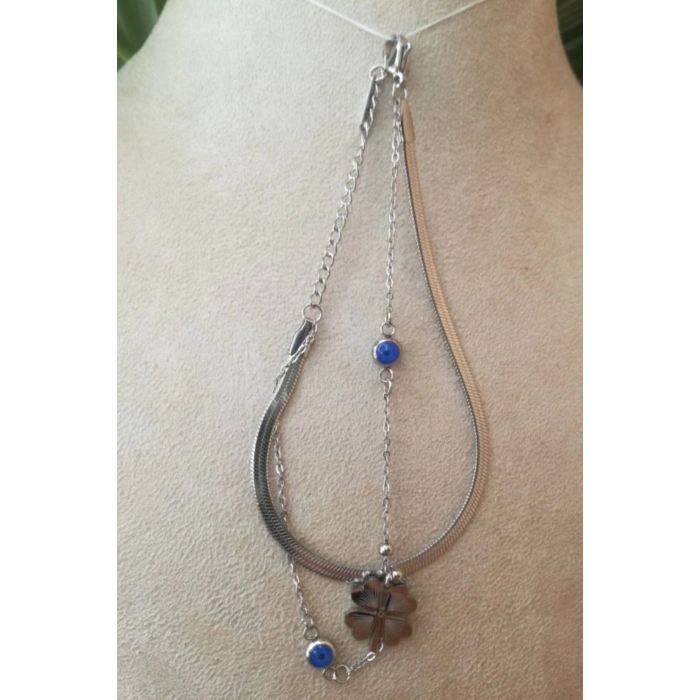 italyan zincirli yonca nazar boncuklu tasarim ince silver cift zincirli gumus renkli zirkon tasli paslanmaz celik bileklik halhal