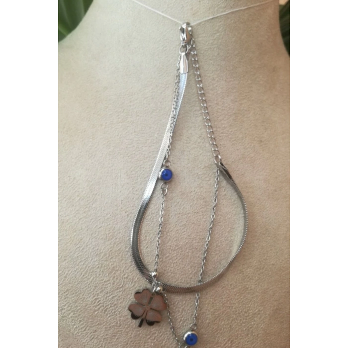 italyan zincirli yonca nazar boncuklu tasarim ince silver cift zincirli gumus renkli zirkon tasli paslanmaz celik bileklik halhal