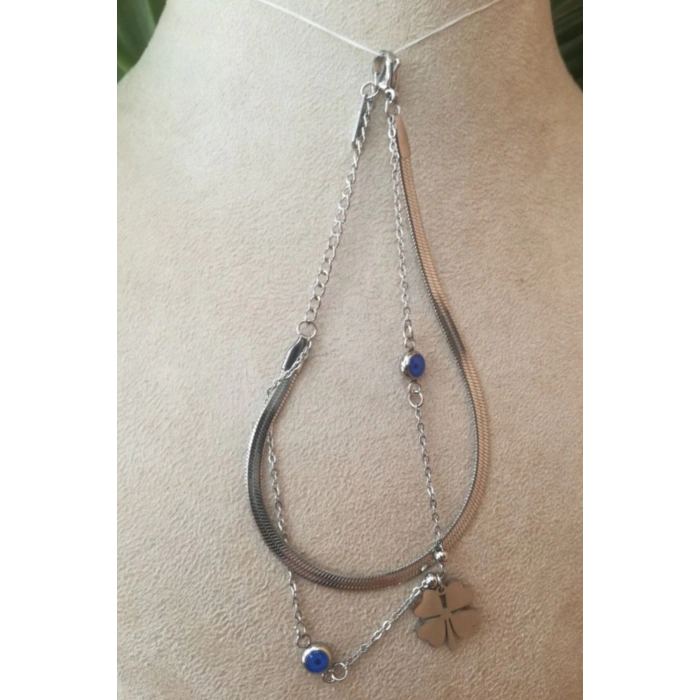 italyan zincirli yonca nazar boncuklu tasarim ince silver cift zincirli gumus renkli zirkon tasli paslanmaz celik bileklik halhal