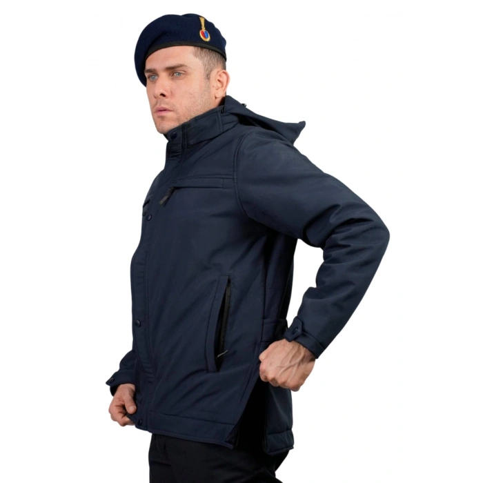 Jandarma Asayis Lacivert Renkli 5 cepli uzun kollu soguk gecirmez softshell kapusonlu taktik mont