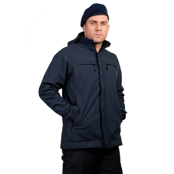Jandarma Asayis Lacivert Renkli 5 cepli uzun kollu soguk gecirmez softshell kapusonlu taktik mont