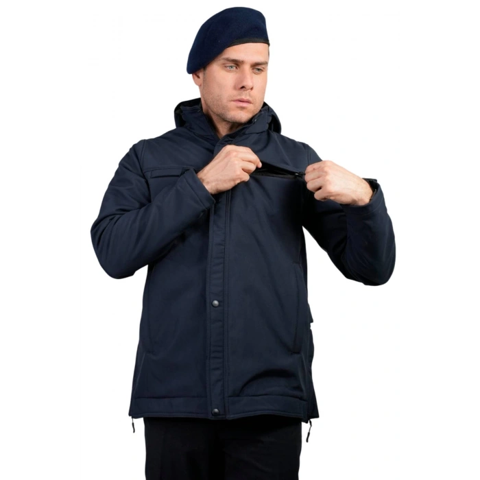 Jandarma Asayis Lacivert Renkli 5 cepli uzun kollu soguk gecirmez softshell kapusonlu taktik mont