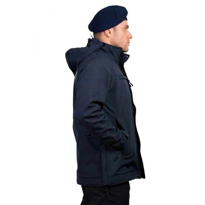 Jandarma Asayis Lacivert Renkli 5 cepli uzun kollu soguk gecirmez softshell kapusonlu taktik mont