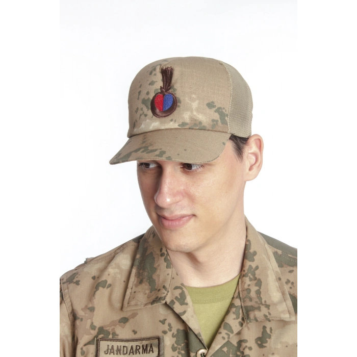 Jandarma Kamuflaj Renkli Kokartli Nakis islemeli Arkasi Ayarlamali Yazlik Astsubay Uzman Cavus Fileli Jandarma Sapka Kep