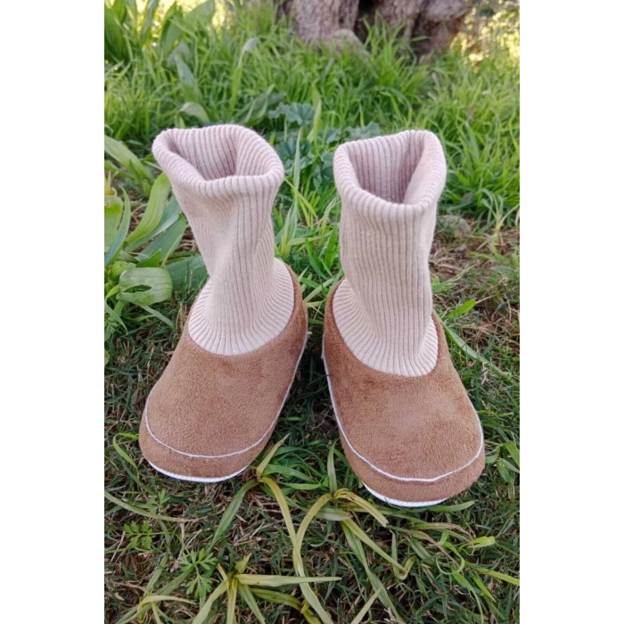 kahve renkli ici pamuklu astarli corapli model organik ortopedik cocuk bebek ilkadim patik panduf ayakkabi