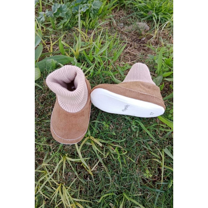 kahve renkli ici pamuklu astarli corapli model organik ortopedik cocuk bebek ilkadim patik panduf ayakkabi