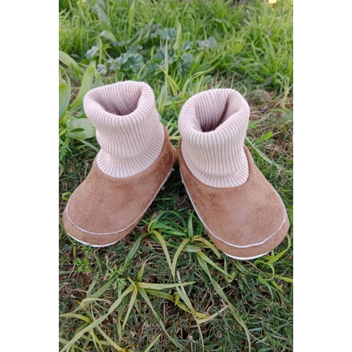 kahve renkli ici pamuklu astarli corapli model organik ortopedik cocuk bebek ilkadim patik panduf ayakkabi