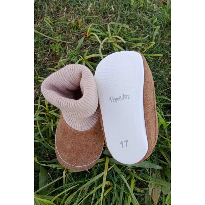 kahve renkli ici pamuklu astarli corapli model organik ortopedik cocuk bebek ilkadim patik panduf ayakkabi