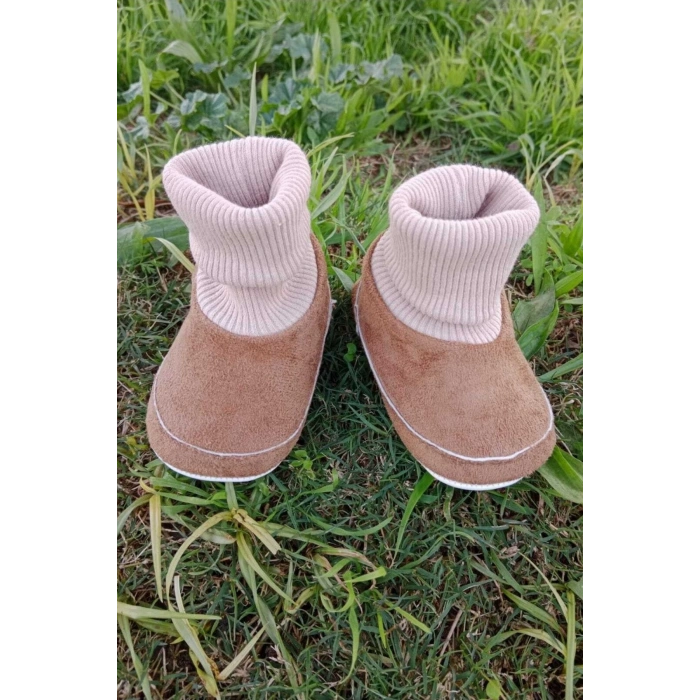 kahve renkli ici pamuklu astarli corapli model organik ortopedik cocuk bebek ilkadim patik panduf ayakkabi