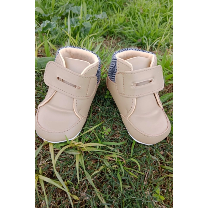 kahve renkli ici pamuklu cirtli bantli kapamali organik unisex cocuk bebek ilkadim patik ayakkabi