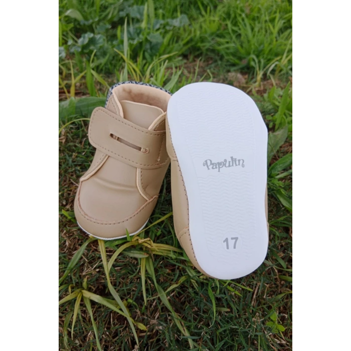 kahve renkli ici pamuklu cirtli bantli kapamali organik unisex cocuk bebek ilkadim patik ayakkabi