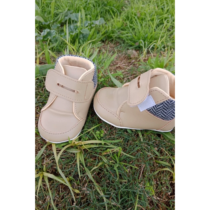 kahve renkli ici pamuklu cirtli bantli kapamali organik unisex cocuk bebek ilkadim patik ayakkabi