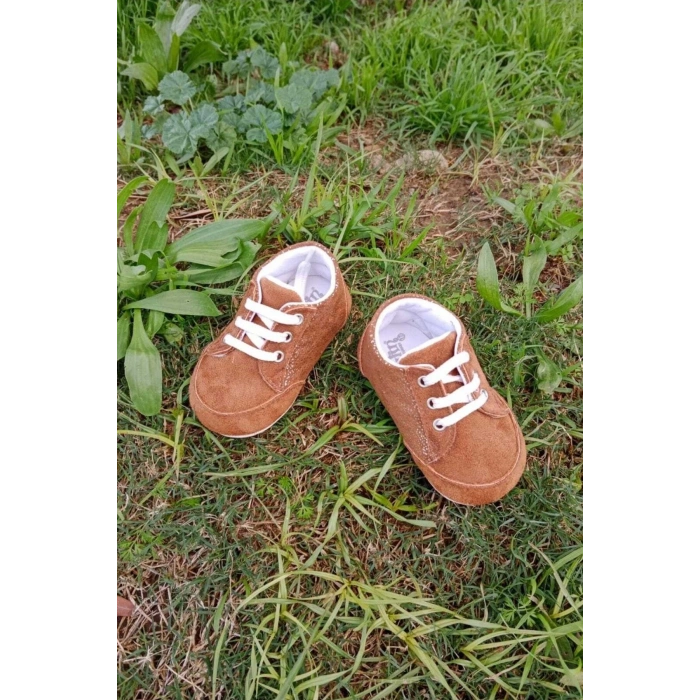 kahve renkli ici pamuklu organik cocuk bebek ilkadim bagcikli patik sneaker casual ayakkabi