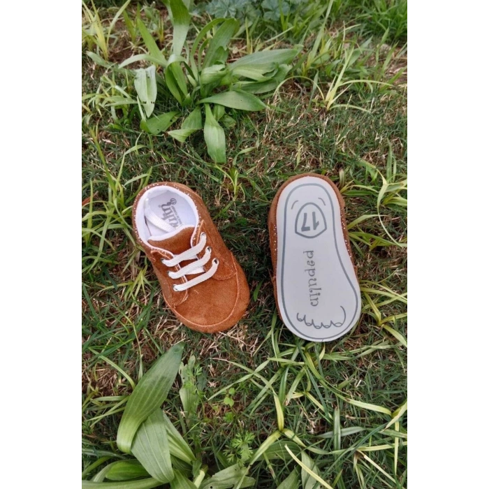 kahve renkli ici pamuklu organik cocuk bebek ilkadim bagcikli patik sneaker casual ayakkabi