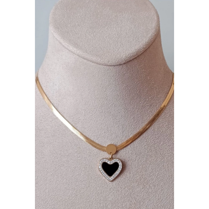 kalp tasarim altin renkli yassi italyan zincirli zirkon tasli paslanmaz celik kolye stainless stell