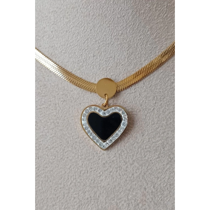 kalp tasarim altin renkli yassi italyan zincirli zirkon tasli paslanmaz celik kolye stainless stell