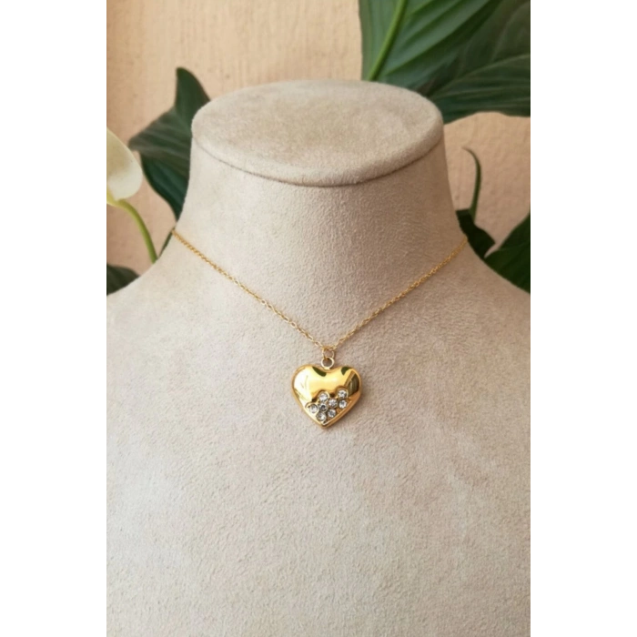 kalp tasarim ince gold zincirli altin renkli zirkon tasli kaliteli paslanmaz celik kolye stainless stell