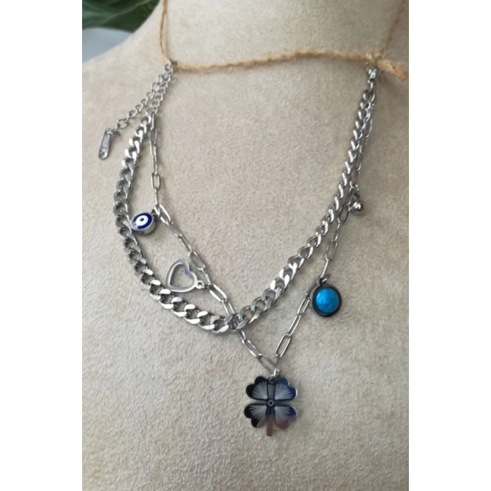 kalp yonca nazar boncuklu tasarim kalin cift silver zincirli gumus renkli turkuaz tasli kaliteli paslanmaz celik bileklik halhal stainless stell