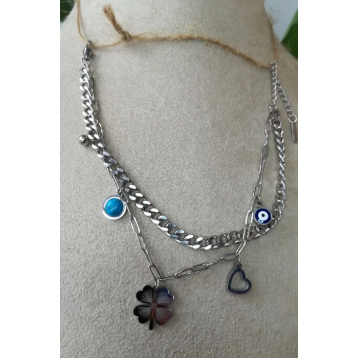 kalp yonca nazar boncuklu tasarim kalin cift silver zincirli gumus renkli turkuaz tasli kaliteli paslanmaz celik bileklik halhal stainless stell