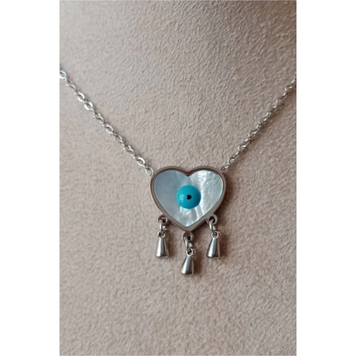 kalpli nazar boncuklu goz tasarim ince silver zincirli gumus renkli kaliteli paslanmaz celik kolye stainless stell