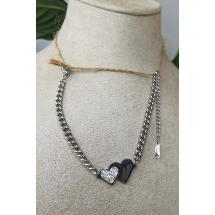 kalpli orme tasarim kalin silver zincirli gumus renkli zirkon tasli paslanmaz celik bileklik halhal