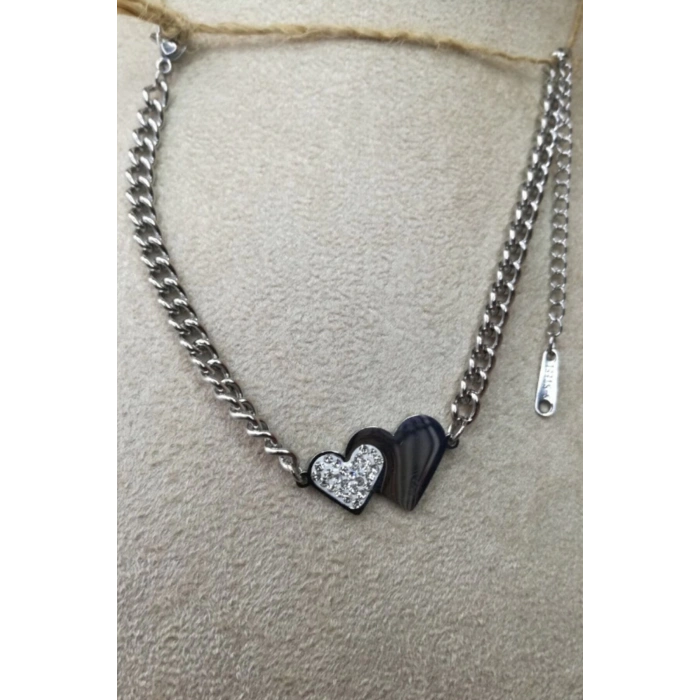 kalpli orme tasarim kalin silver zincirli gumus renkli zirkon tasli paslanmaz celik bileklik halhal