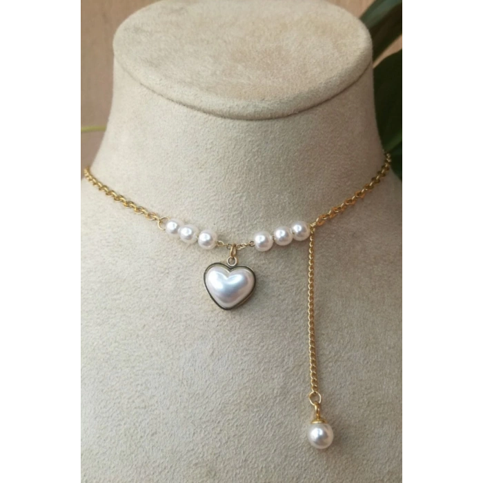 kalpli tasarim ince gold zincirli beyaz incili tasli altin renkli kaliteli paslanmaz celik kolye stainless stell