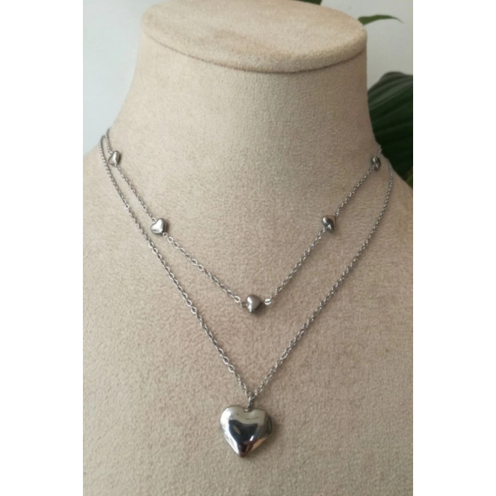 kalpli tasarim ince silver cift zincirli gumus renkli kaliteli paslanmaz celik kolye stainless stell