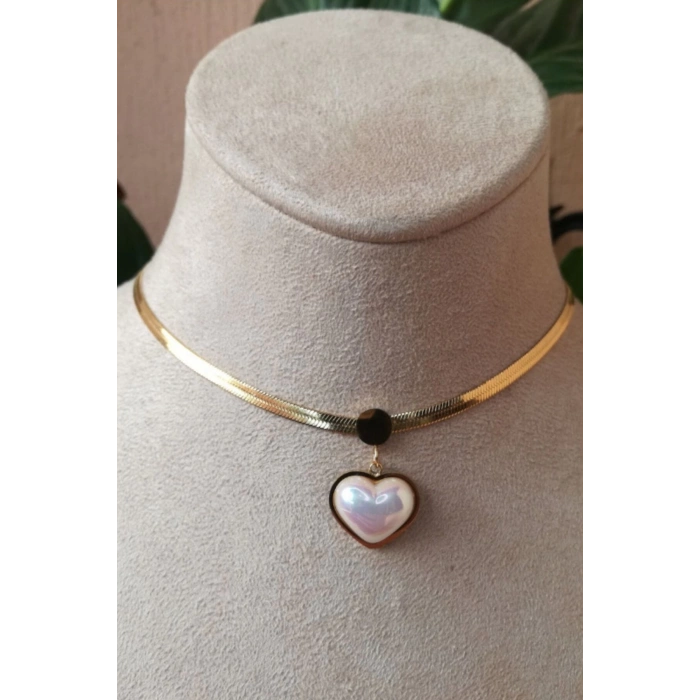 kalpli tasarim italyan zincirli beyaz incili tasli altin renkli kaliteli paslanmaz celik kolye stainless stell