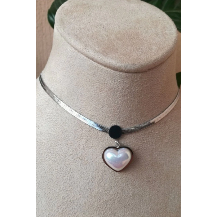 kalpli tasarim italyan zincirli beyaz incili tasli gumus renkli kaliteli paslanmaz celik kolye stainless stell