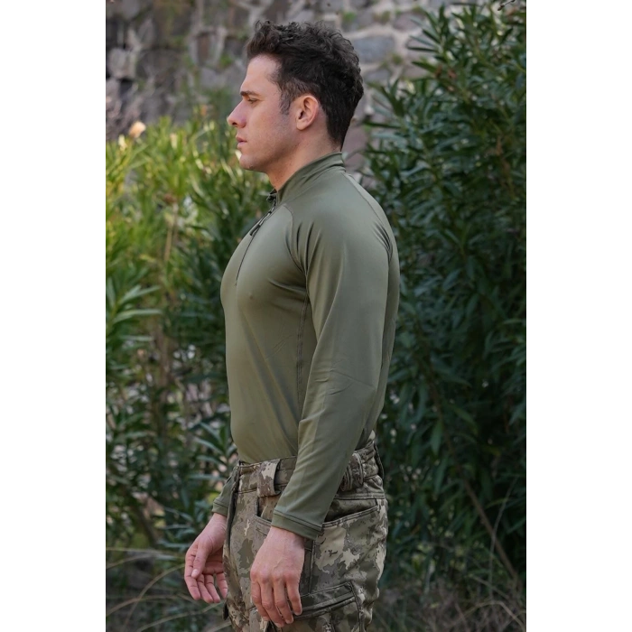 kara kuvvetleri haki renkli uzun kollu ceyrek fermuarli esnek ic katman operasyon taktik combat sweatshirt