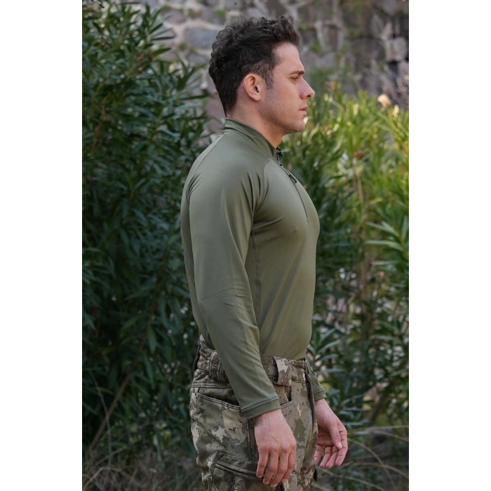 kara kuvvetleri haki renkli uzun kollu ceyrek fermuarli esnek ic katman operasyon taktik combat sweatshirt