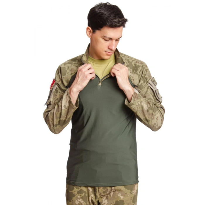 Kara Kuvvetleri Kamuflaj Renkli Uzun Kollu Taktik Likrali Operasyon Combat Tisort