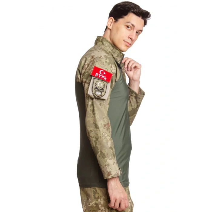 Kara Kuvvetleri Kamuflaj Renkli Uzun Kollu Taktik Likrali Operasyon Combat Tisort