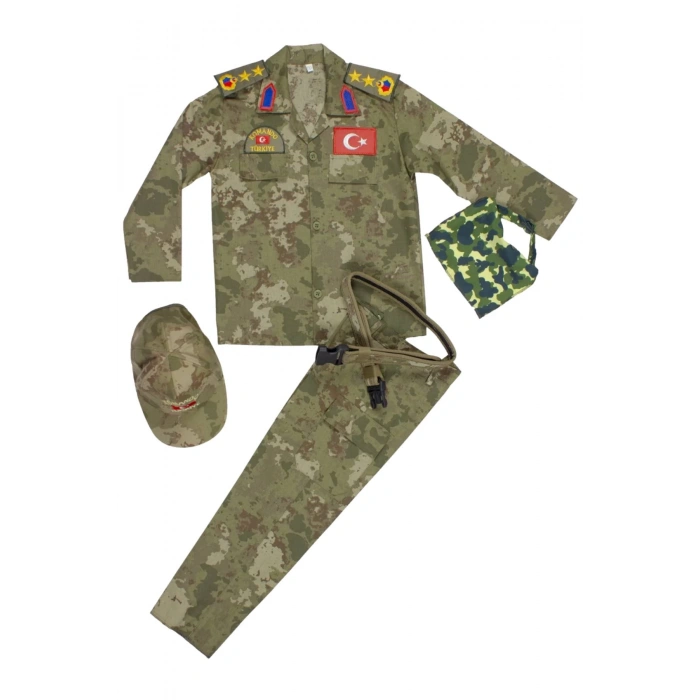 Kara Kuvvetleri Kamuflaj Renkli Uzun Kollu Yarbay Komando Fularli Karaci Cocuk Kostum Takim