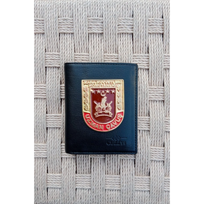 kara kuvvetleri komutanligi uzman cavus yazili amblemli ozel tasarim hakiki deri rozetli cuzdan
