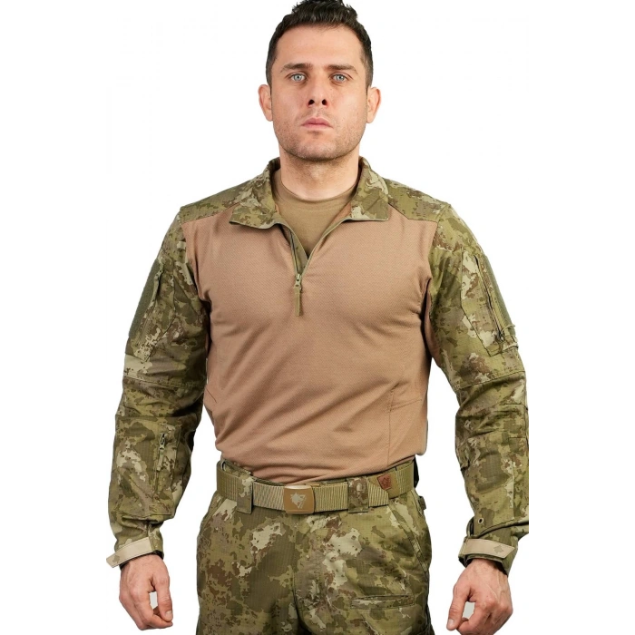 kara kuvvetleri yeni kamuflaj renkli uzun kollu 4 cepli bato yaka ceyrek fermuarli operasyon taktik combat tisort