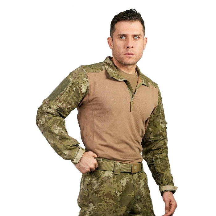 kara kuvvetleri yeni kamuflaj renkli uzun kollu 4 cepli bato yaka ceyrek fermuarli operasyon taktik combat tisort