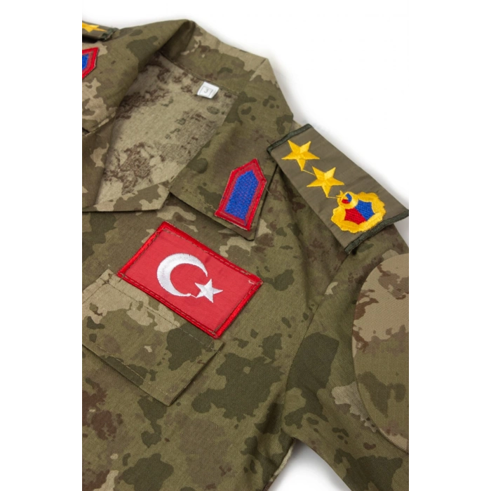 Kara Kuvvetleri Kamuflaj Renkli Uzun Kollu Yarbay Komando Fularli Karaci Cocuk Kostum Takim