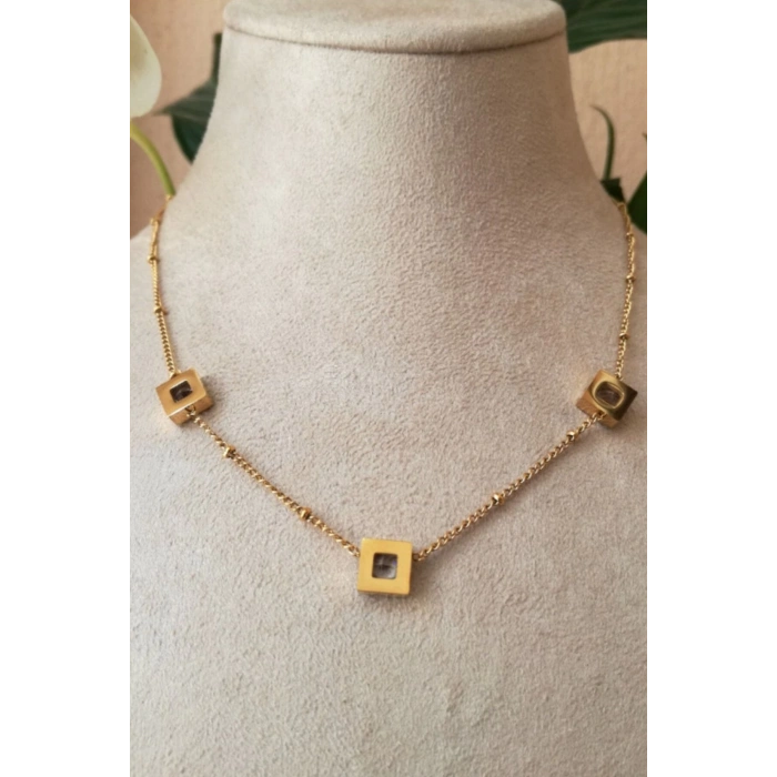 kare tasarim ince gold zincirli altin renkli zirkon tasli kaliteli paslanmaz celik kolye stainless stell