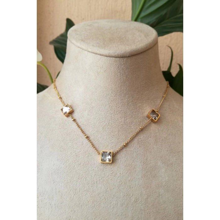 kare tasarim ince gold zincirli altin renkli zirkon tasli kaliteli paslanmaz celik kolye stainless stell