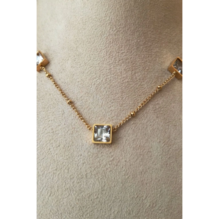 kare tasarim ince gold zincirli altin renkli zirkon tasli kaliteli paslanmaz celik kolye stainless stell