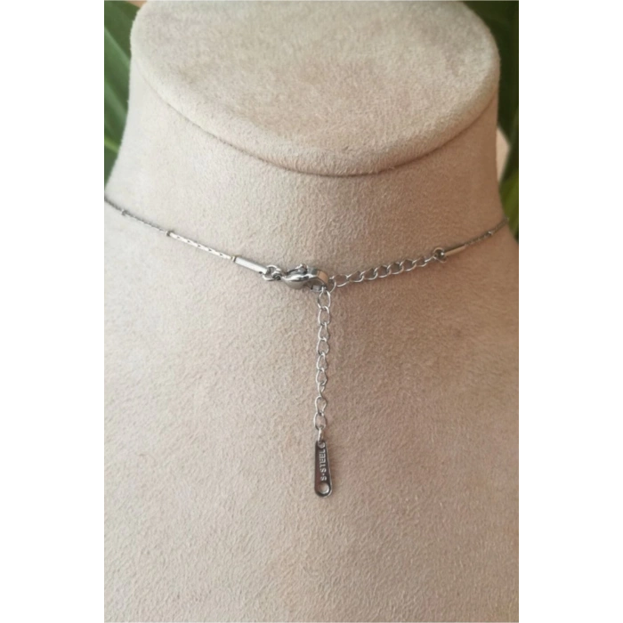 kare tasarim ince silver zincirli gumus renkli akik tasli kaliteli paslanmaz celik kolye stainless stell