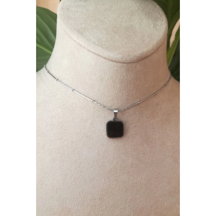 kare tasarim ince silver zincirli gumus renkli akik tasli kaliteli paslanmaz celik kolye stainless stell