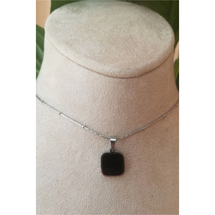 kare tasarim ince silver zincirli gumus renkli akik tasli kaliteli paslanmaz celik kolye stainless stell