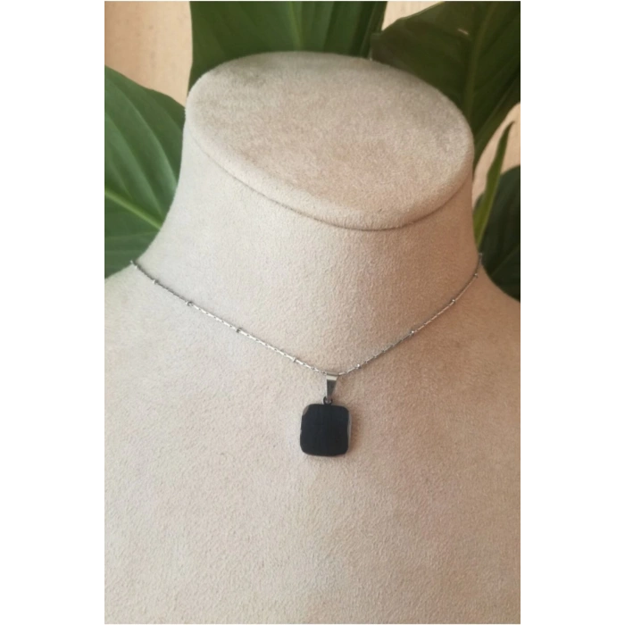 kare tasarim ince silver zincirli gumus renkli akik tasli kaliteli paslanmaz celik kolye stainless stell