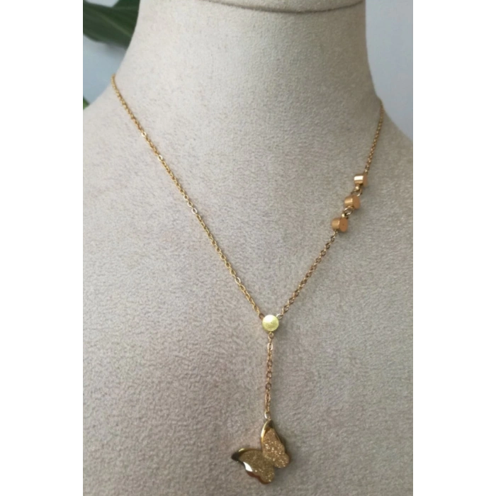 kelebek tasarim tasarim ince gold zincirli altin renkli kaliteli paslanmaz celik kolye stainless stell