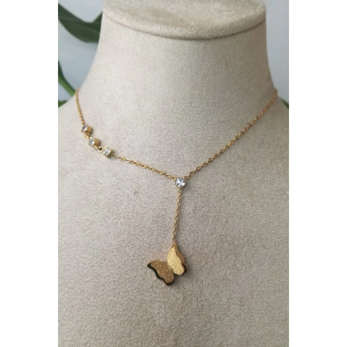kelebek tasarim tasarim ince gold zincirli altin renkli kaliteli paslanmaz celik kolye stainless stell